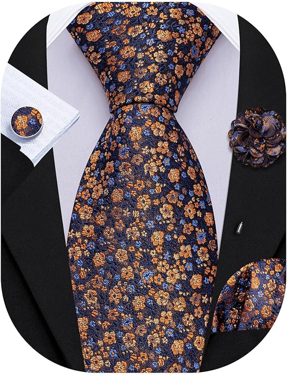 Blue and Orange Floral Necktie Set-LBWY1740