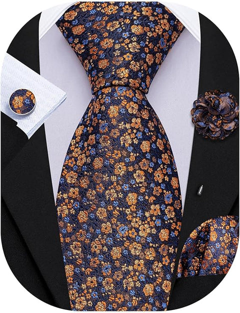 Blue and Orange Floral Necktie Set-LBWY1740