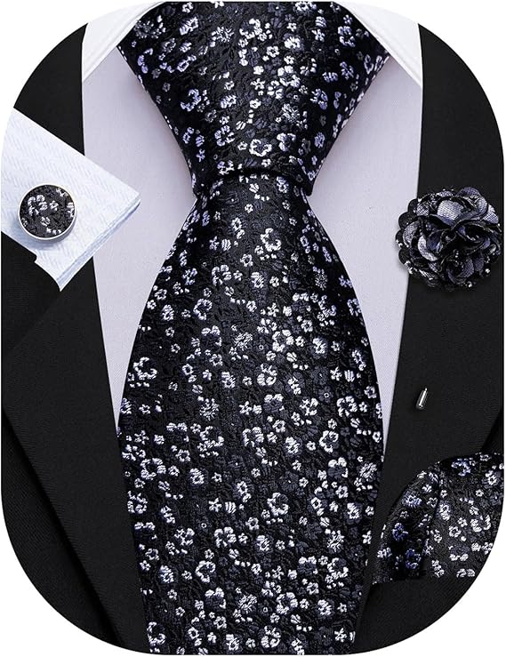 Black and White Floral Necktie Set-LBWY1741