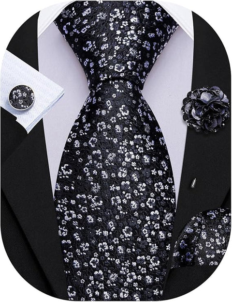 Black and White Floral Necktie Set-LBWY1741