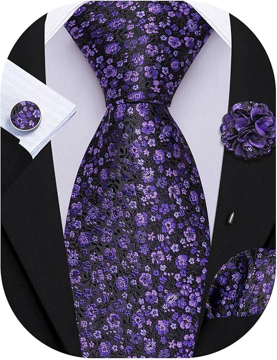 Purple and Black Floral Necktie Set-LBWY1744