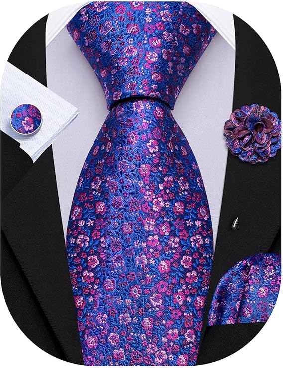 Royal Blue and Pink Floral Necktie Set-LBWY1745