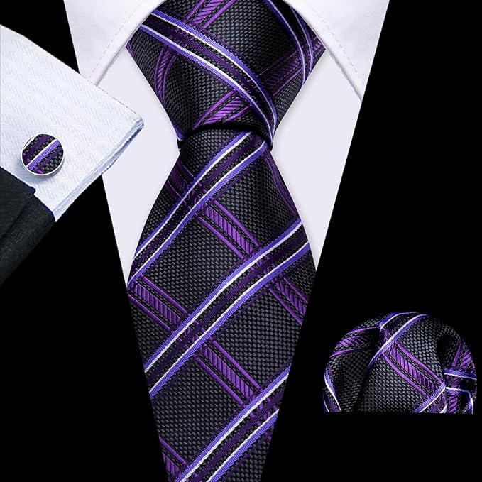 Purple and Black Plaid Necktie Set-LBWY1413