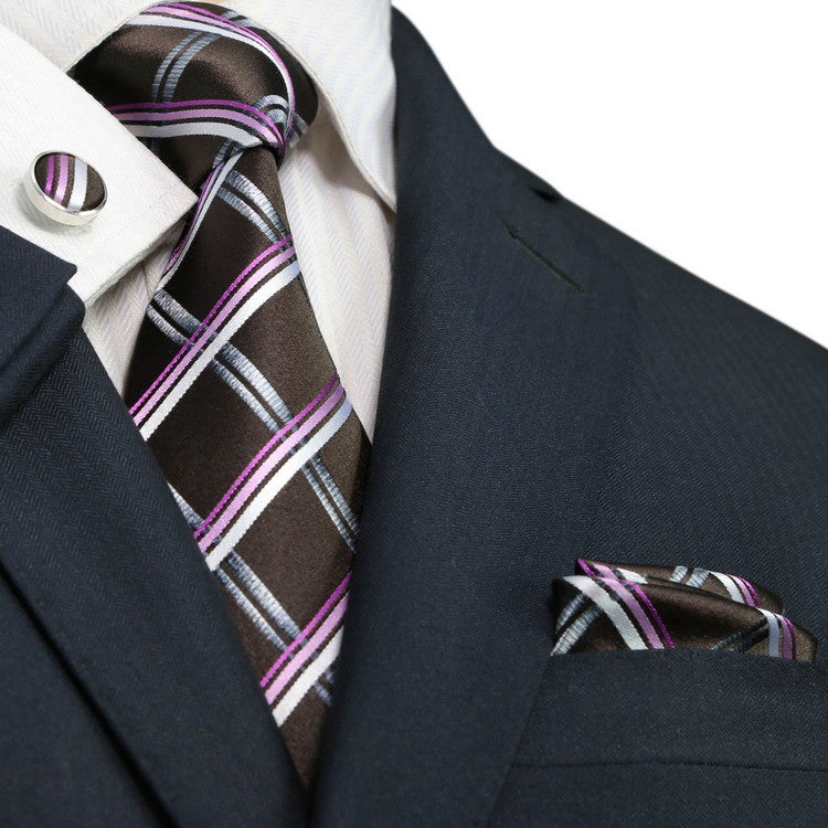 Brown checked Silk Necktie Set JPM17W - Toramon Necktie Company