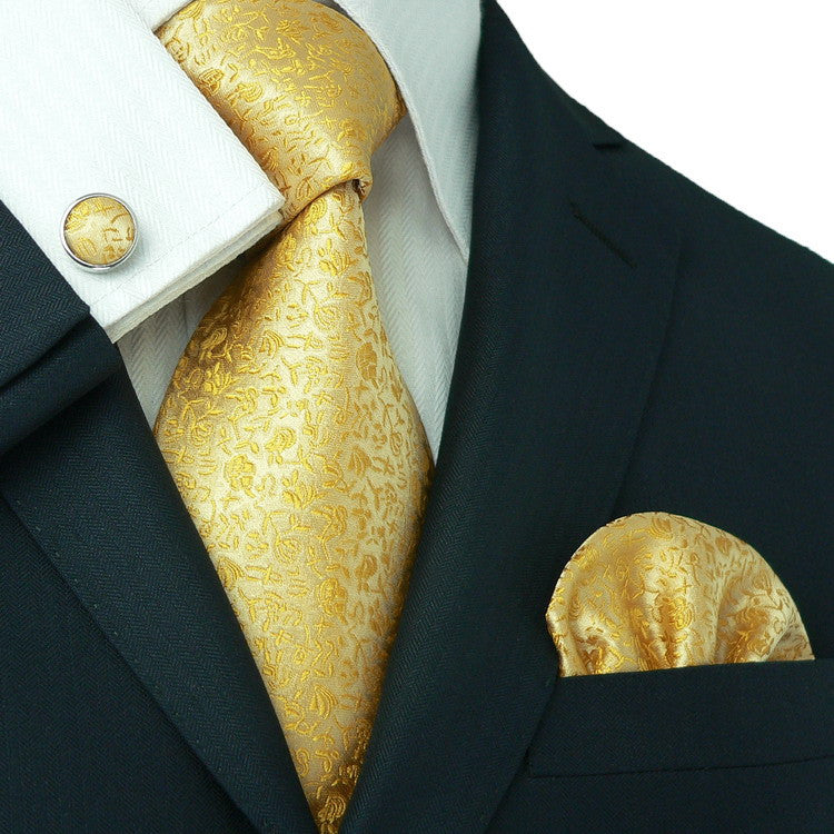 Gold Silk Necktie Set JPM1828C - Toramon Necktie Company