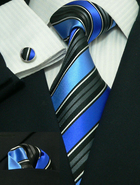 Blue and Black Stripe Silk Necktie Set JPM69H - Toramon Necktie Company