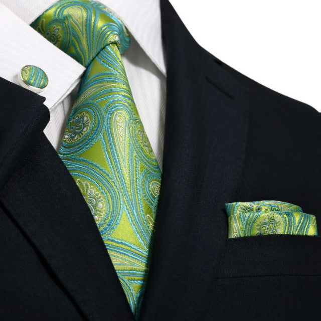 Green and Teal Paisley Wedding Tie Set  JPM71G - Toramon Necktie Company