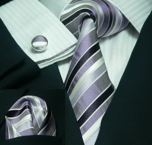 Purple Black Grey White Silk Necktie Set-JPM81C