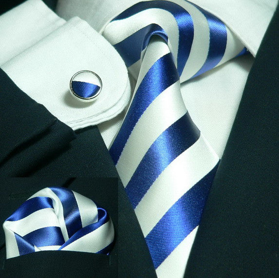 Blue and White Stripe Necktie Set JPM91A - Toramon Necktie Company