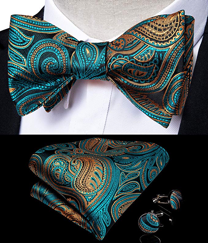 Teal and Gold Paisley Bow Tie Set-BTS471