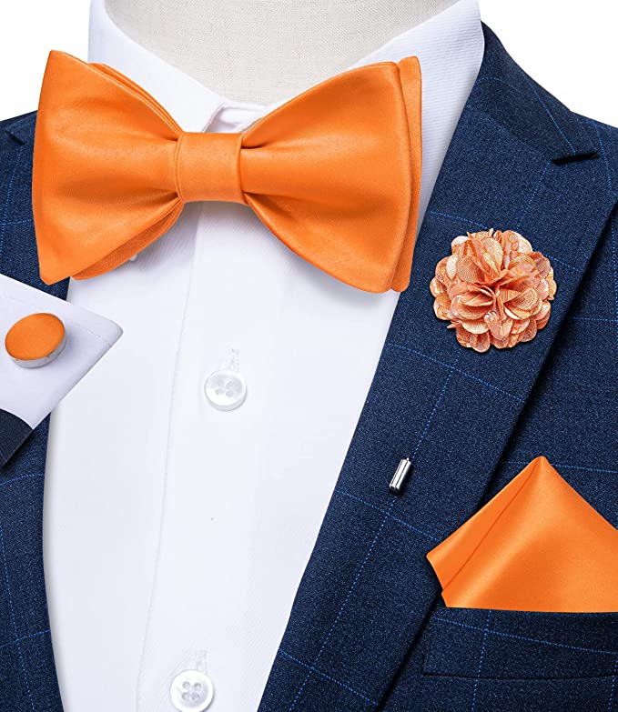 New Solid Orange Silk Bow Tie Set-BTS491
