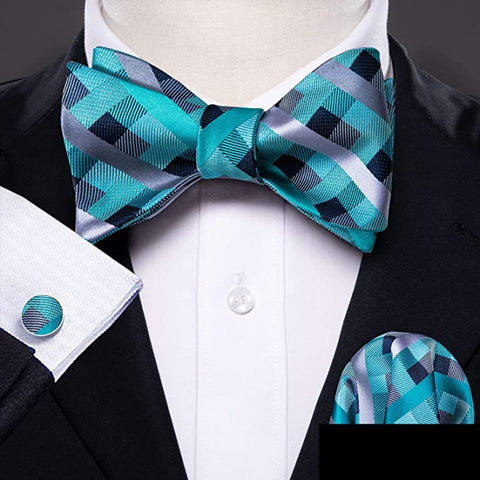 Blue and Silver Plaid Bow Tie Set-BTSYO512