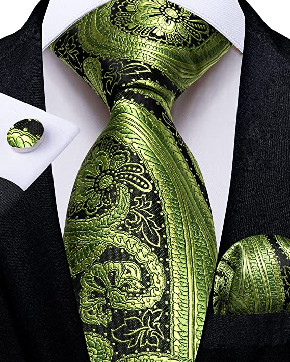 New Dark Lime Green Paisley Necktie Set-DBG1043