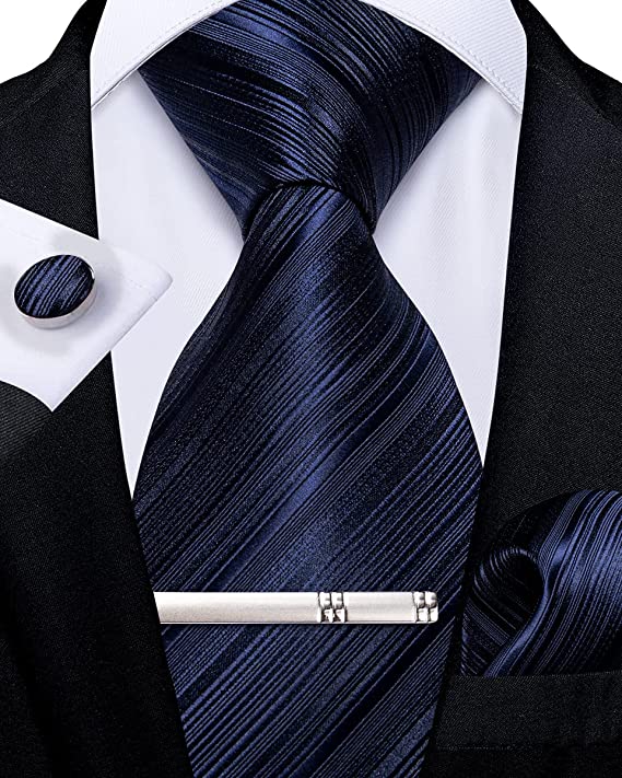 New Navy Blue Stripe Silk Necktie Set-DBG1048