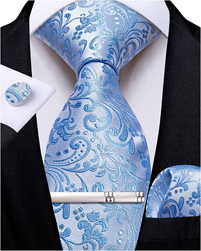 New Sky Blue Silk Paisley Necktie Set-DBG1058