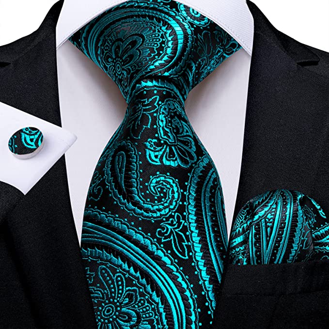New Teal and Black Paisley Necktie Set-DBG1059