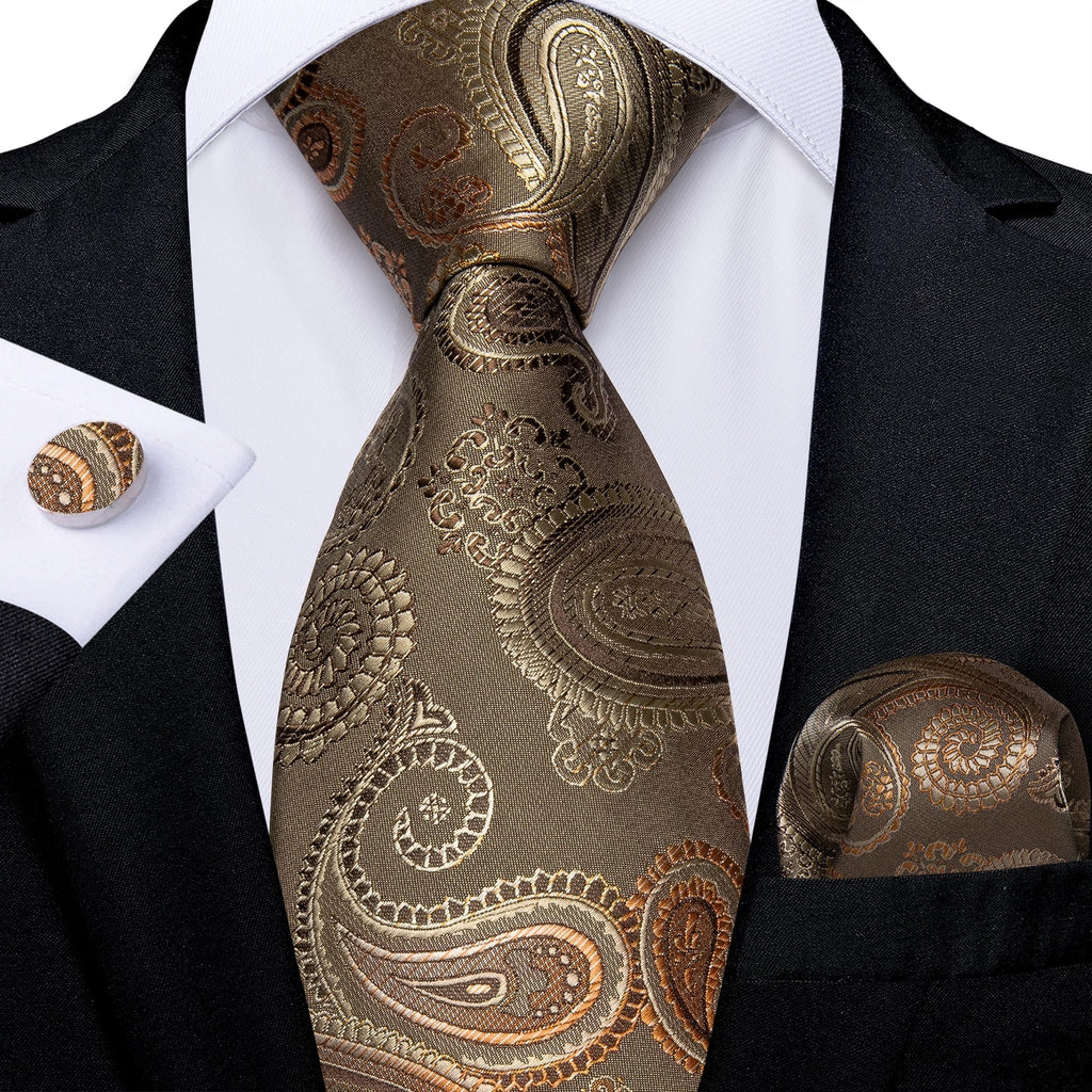 New Brown Paisley Silk Necktie Set-DBG1068