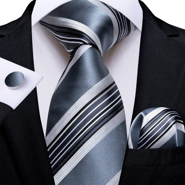 Grey Black Silver Stripe Silk Necktie Set-DBG1098 Grey Black Silver Stripe Silk Necktie Set-DBG1098