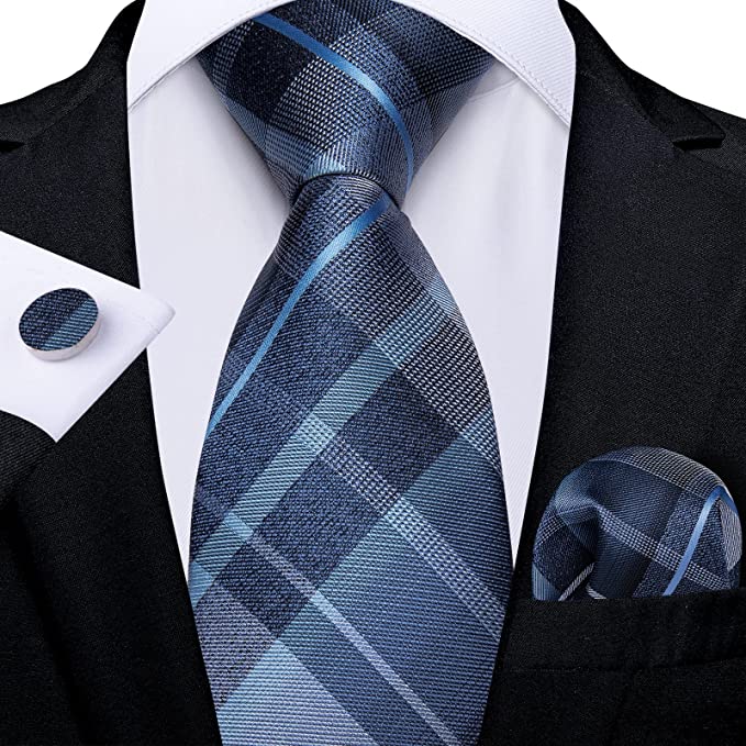 Navy Blue Plaid Silk Necktie Set-DBG1104