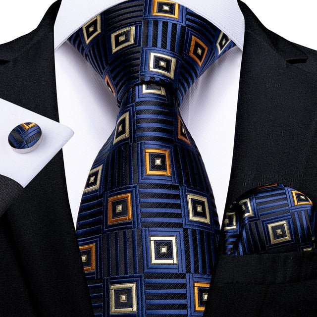 Navy Blue Black Orange Beige Silk Necktie Set-DBG1186
