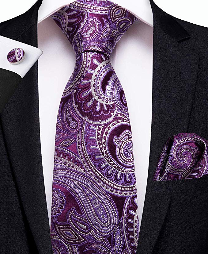 Purple and Grey Silk Paisley Necktie Set-DBG366