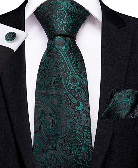 Green and Black Paisley Necktie Set-DBG382