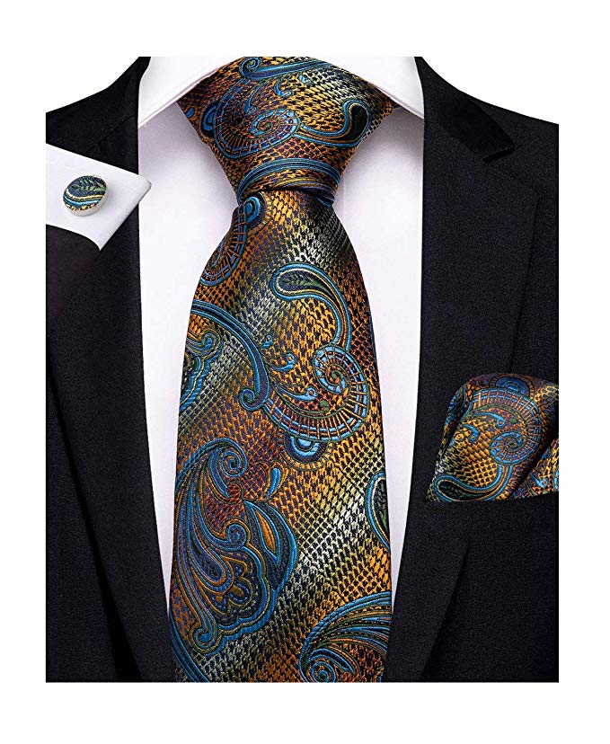 Gold Brown Blue Silk Necktie Set-DBG384