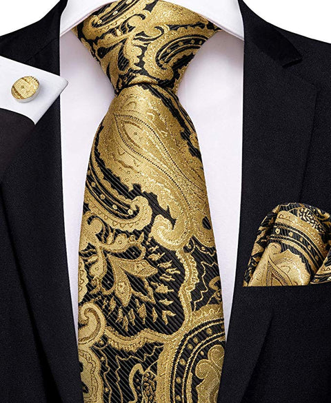 Gold and Black Paisley Necktie Set-DBG443