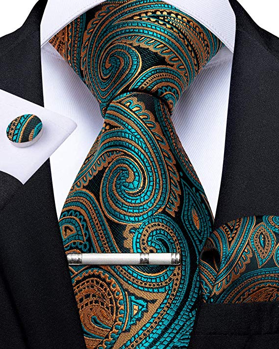 Teal and Gold Paisley Necktie Set-DBG463