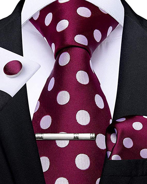 Maroon and White Polka Dot Necktie Set-DBG477