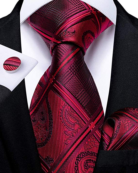 Burgundy Red Black Silk Necktie Set-DBG488