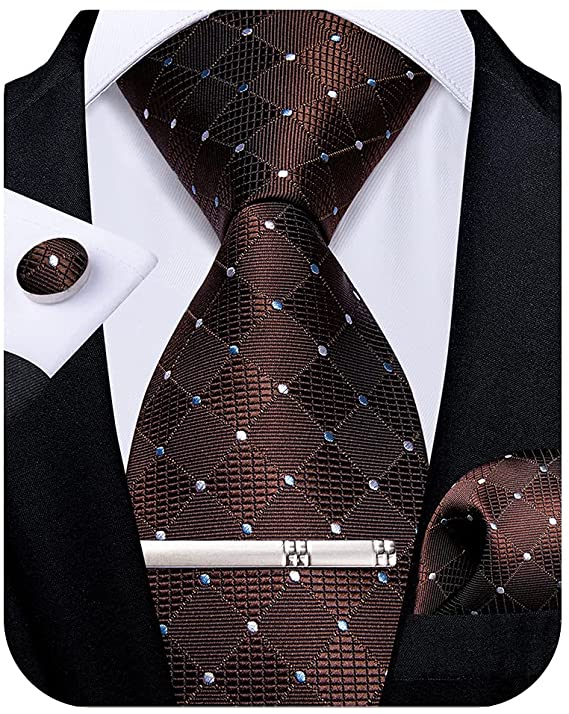 Brown Blue Grey Silk Necktie Set-DBG693