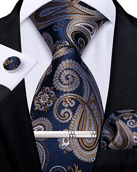 Navy Blue Brown White Paisley Necktie Set-DBG765