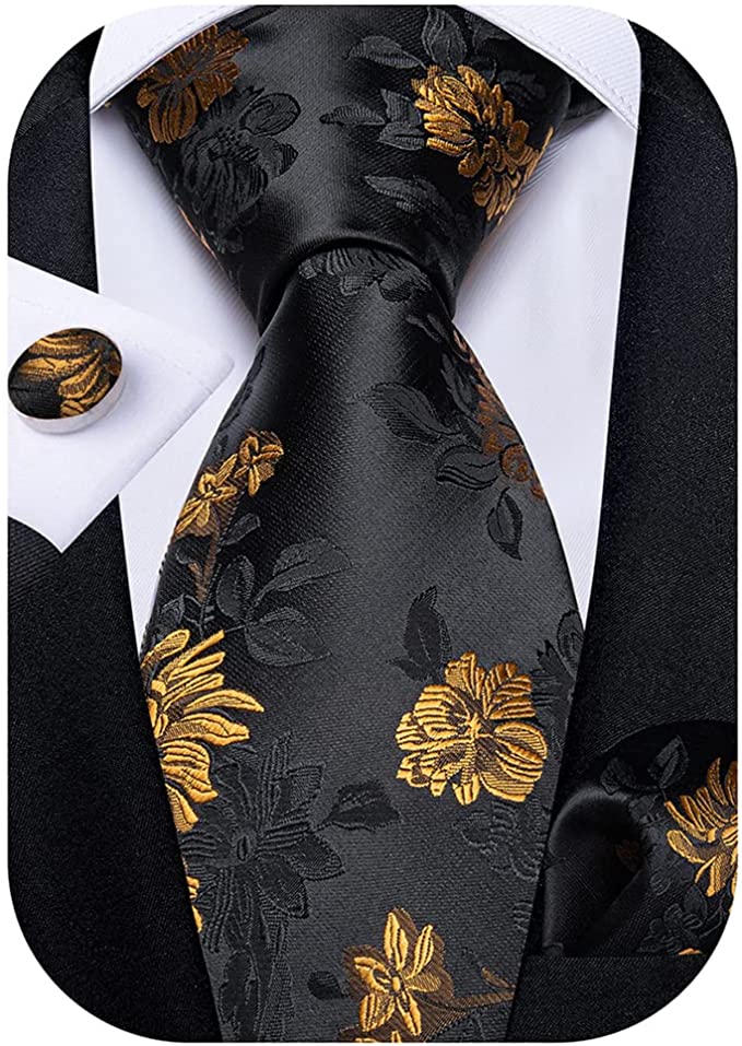 New Black and Gold Floral Necktie Set-DBG836