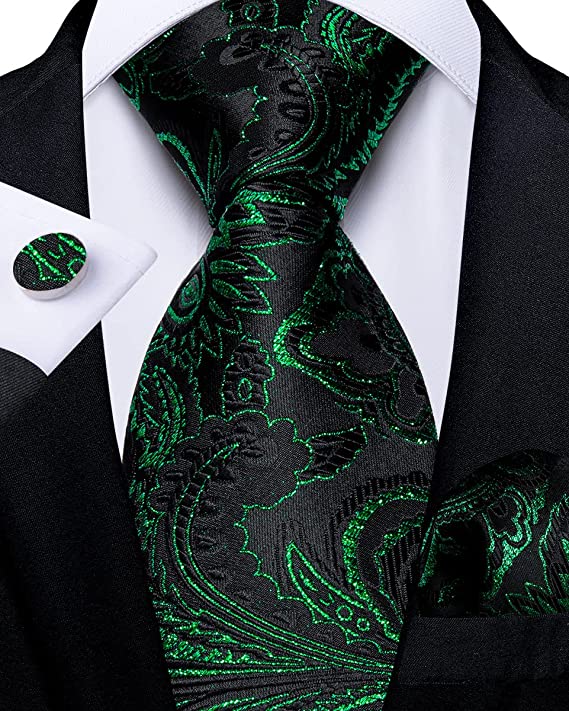 New Green and Black Paisley Necktie Set-DBG863