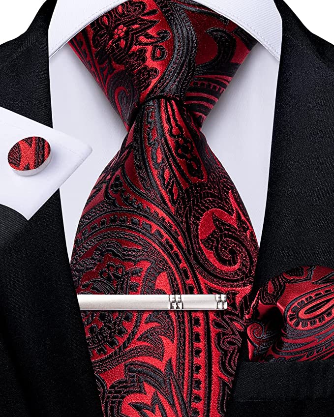 New Red and Black Paisley Necktie Set-DBG870