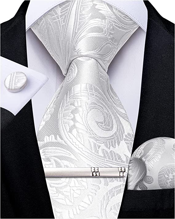 New White Paisley Wedding Necktie Set-DBG878