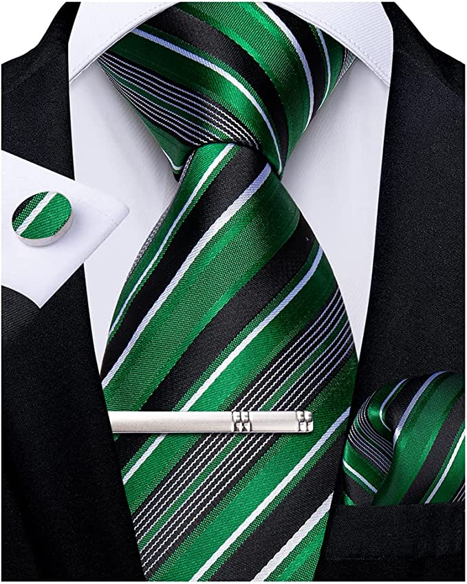 Emerald Green White Black Stripe Necktie Set-DBG917