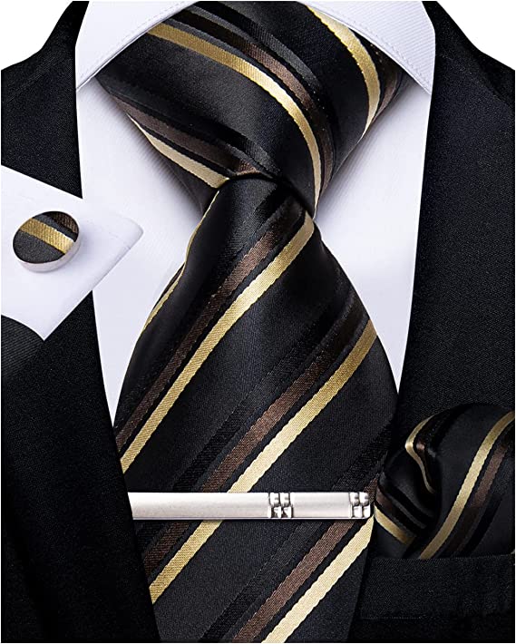 Black Brown Beige Stripe Necktie Set-DBG931