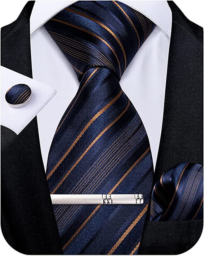 New Navy Blue and Brown Stripe Necktie Set-DBG934