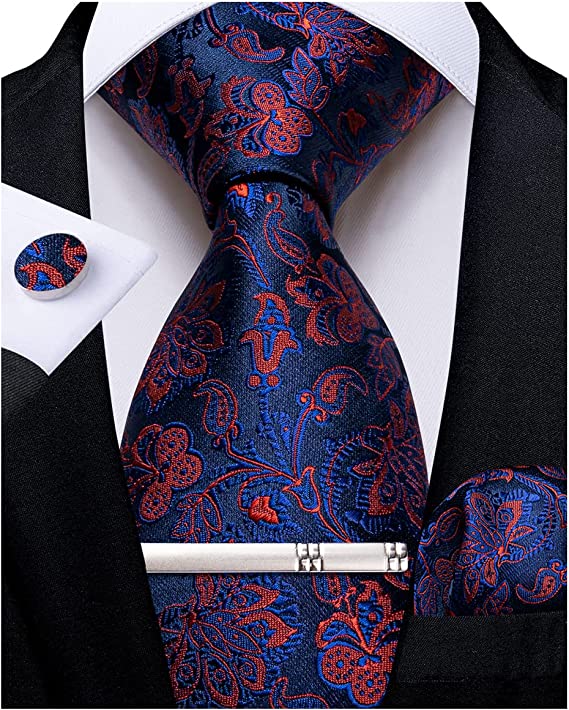 New Blue and Orange Floral Necktie Set-DBG943