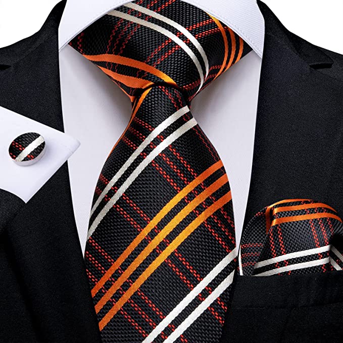 Black Orange White Silk Necktie Set-DBG944