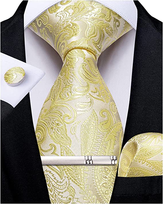Yellow Paisley Silk Necktie Set-DBG945