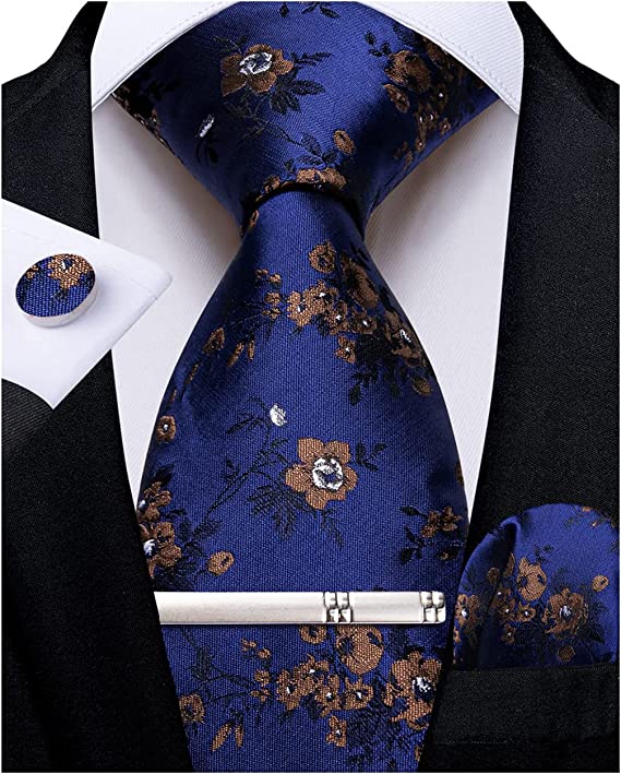 Blue and Brown Floral Silk Necktie Set-DBG965
