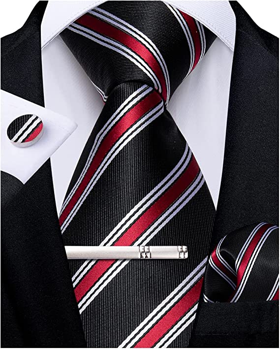 Black Red White Stripe Necktie Set-DBG976 Black Red White Stripe Necktie Set-DBG976