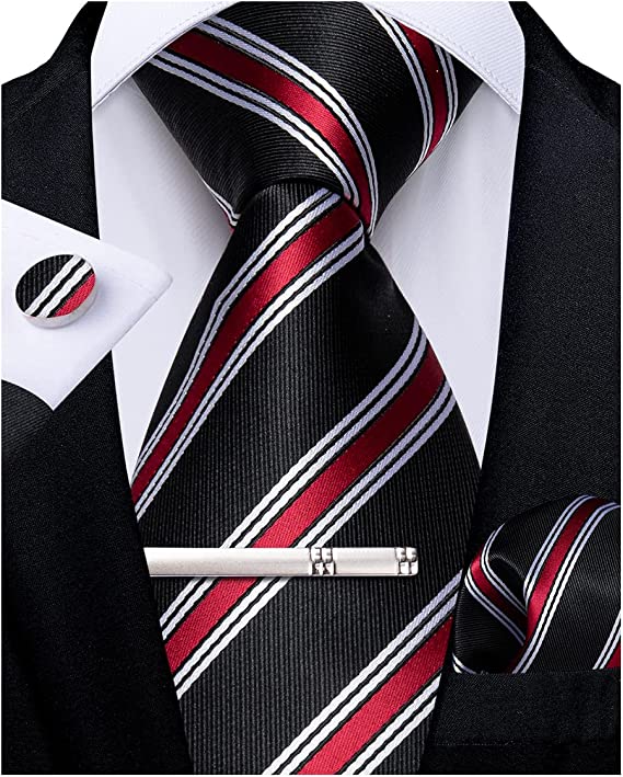 Black Red White Stripe Necktie Set-DBG976