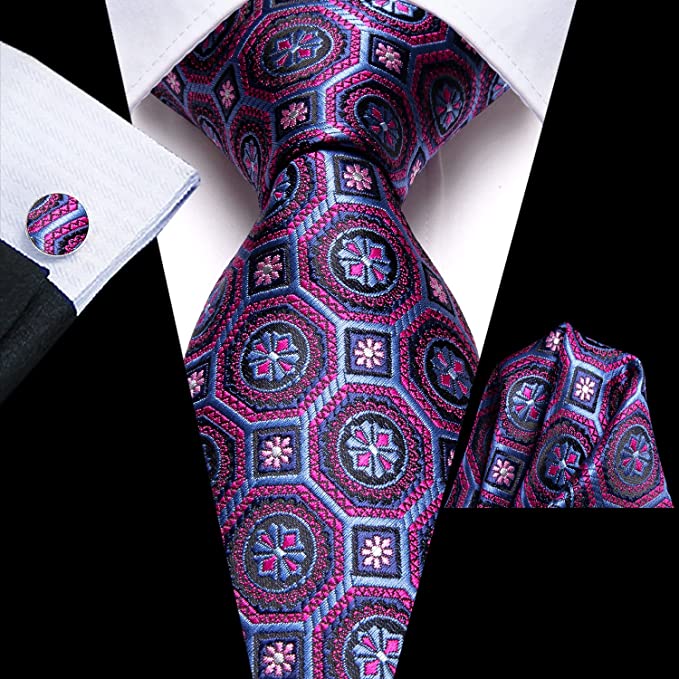 New Pink Rose and Blue Necktie Set-DUB1006