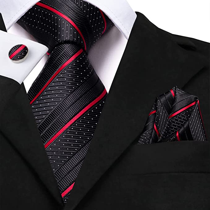 New Black and Red Striped Necktie Set-DUB1179