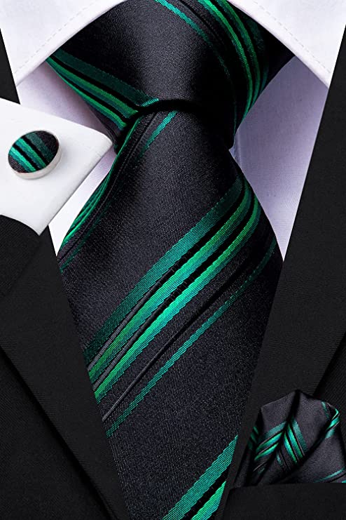 Green and Black Stripe Necktie Set-DUB727