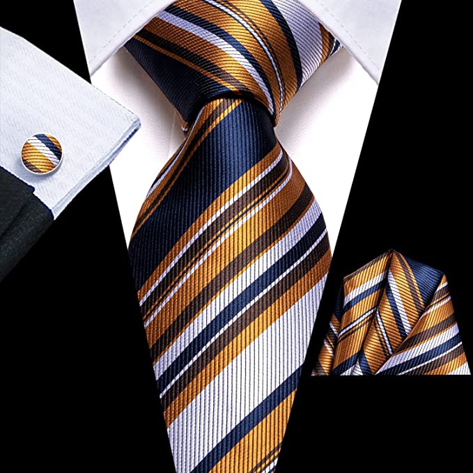 New Blue White Gold Stripe Necktie Set-DUB902